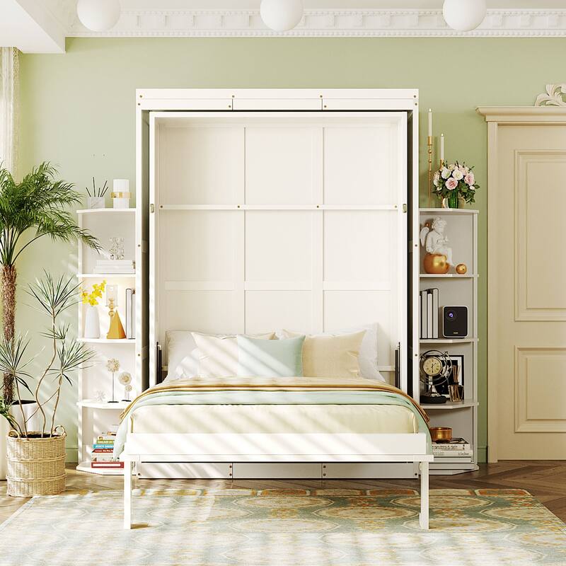 Rotating Queen Size Murphy Bed Foldable Bed Frame with Hidden Wall Cabinet, Side Shelves, Convertible Desk and Bookshelves
