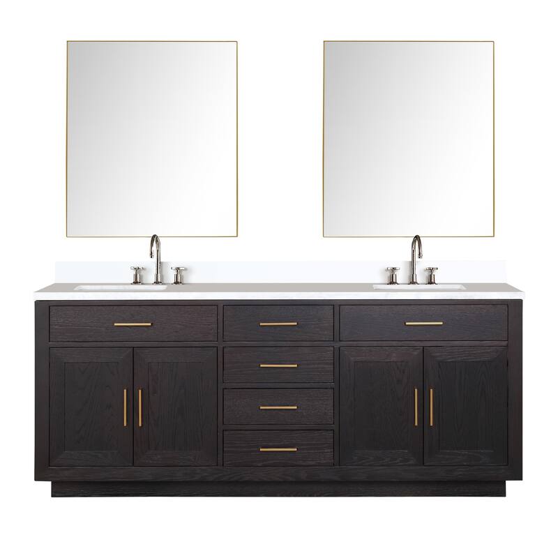 Abbey 60 in W x 22 in D Black Oak Double Bath Vanity, White Quartz Top, Faucet Set, and 28 in Mirrors