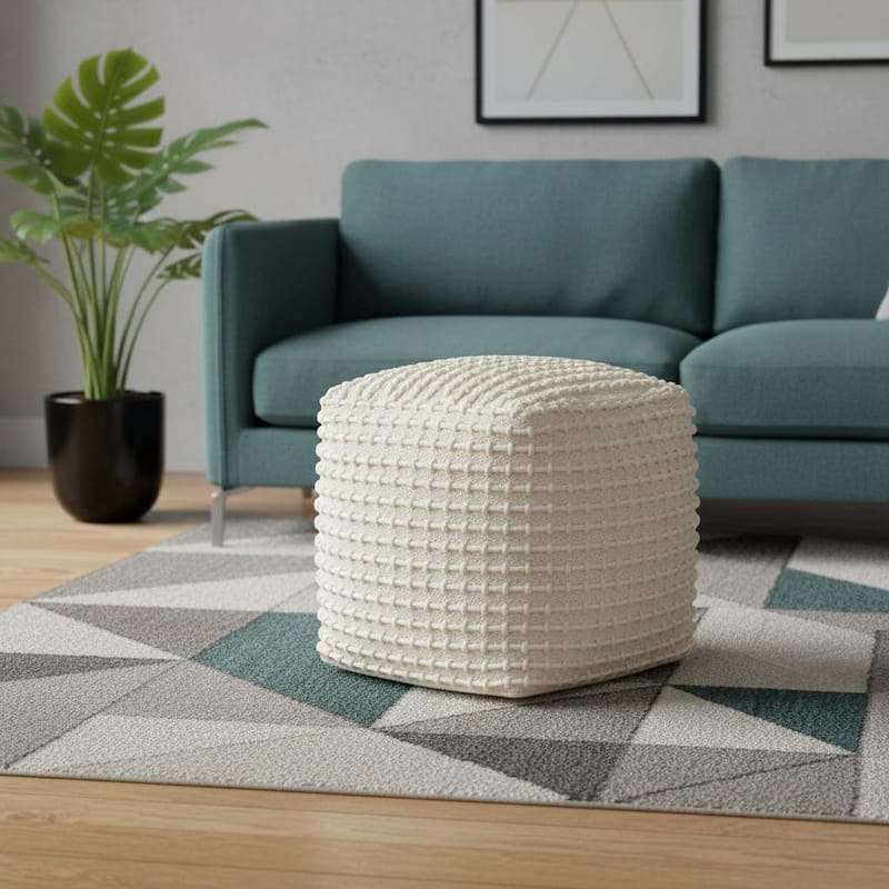 HomeRoots 16" Beige and Cream Wool Striped Cube Pouf Ottoman - Cream/Beige - 16.00 in. x 16.00 in.  x 16.00 in.