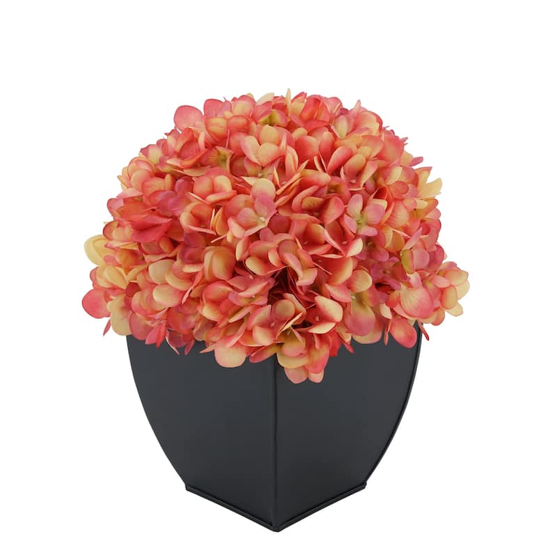 Faux Hydrangea in Black Tapered Zinc Cube - Coral