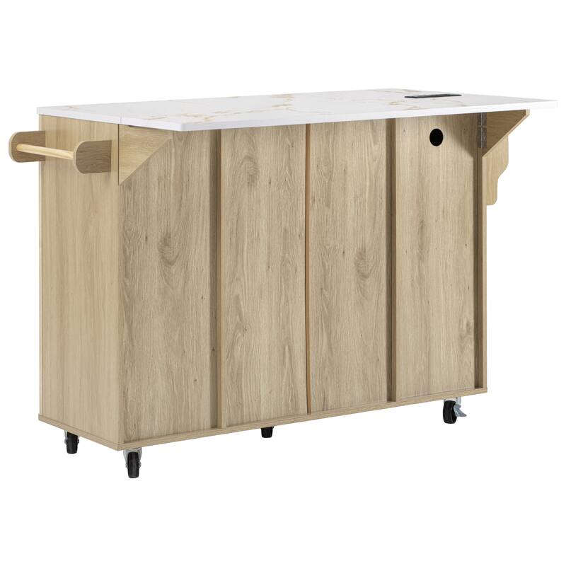 55.5" Fluted Storage Kitchen Island with Drop Leaf and Power Outlet and 3 Drawers