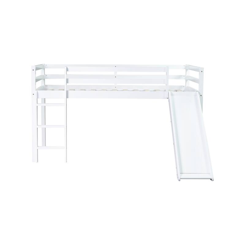Low Loft Bed with Slide, Ladder, Safety Guardrails, Twin Size, White