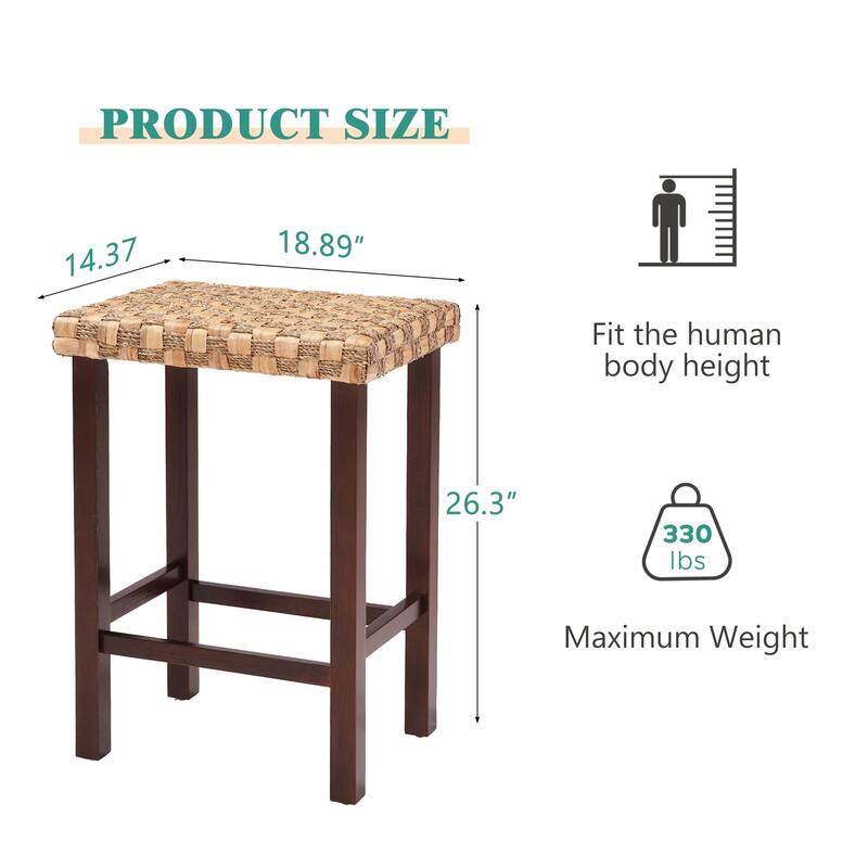 Set of 3 Handwoven Seagrass Bar Stools - 26.3" Height Adjustable, Solid Rubberwood Legs