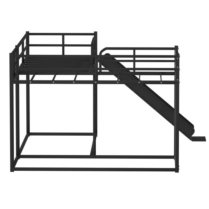 Queen Bunk Bed, Metal Bed Frame With Full-Length Guardrail and Ladder, Black.