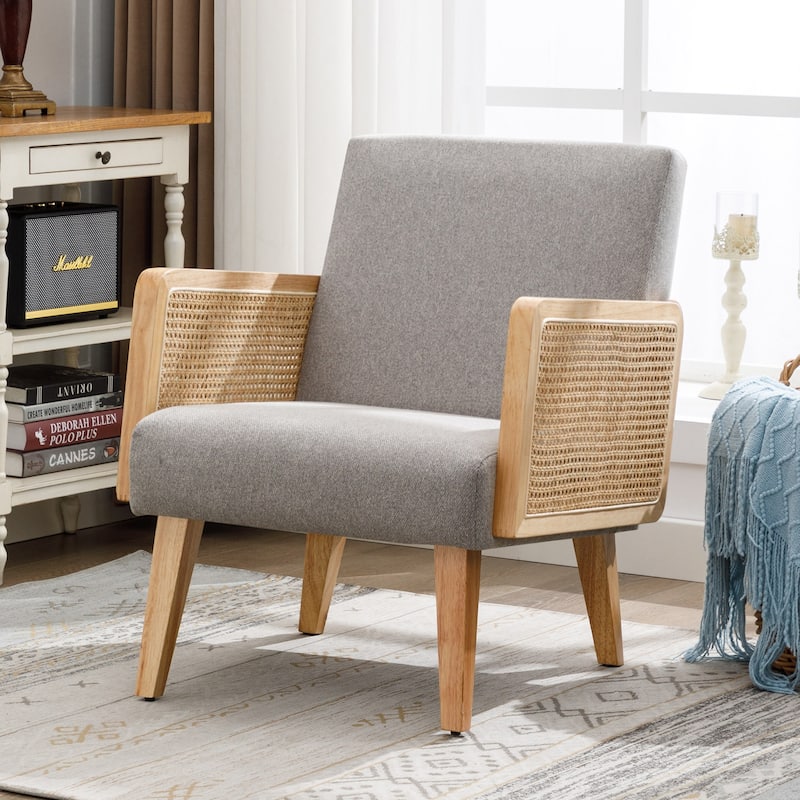 Rattan Armrest Fabric Upholstered Accent Chair