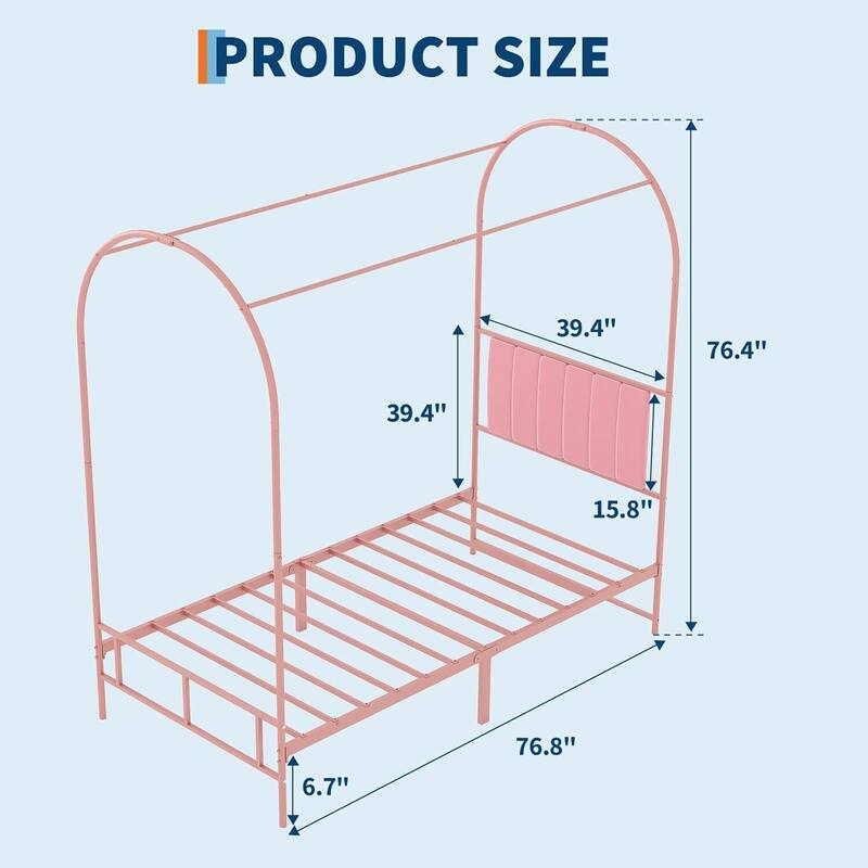 Twin Canopy Bed Frame, with Upholstered Headboard