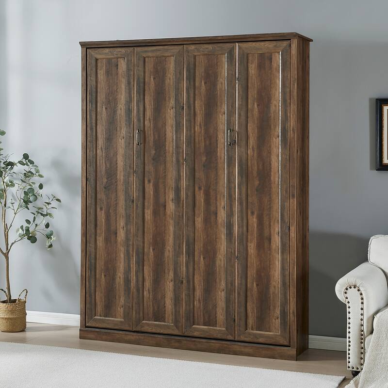 Space-Saving Modern Murphy Bed with Dual Piston Lift - Foldable Platform Bed Convertible Hidden Cabinet Design Cube Cabinet Bed - Brown - Queen