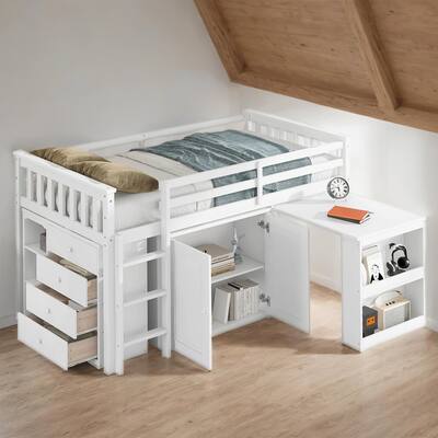 Twin Rubber Wood Loft Bed with Cabinet, Drawer, Shelf,Pulling-Out Desk