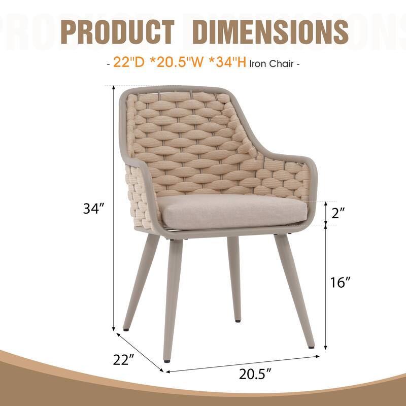 Outdoor 2-Piece Metal Arm Dining Chairs With Cushions