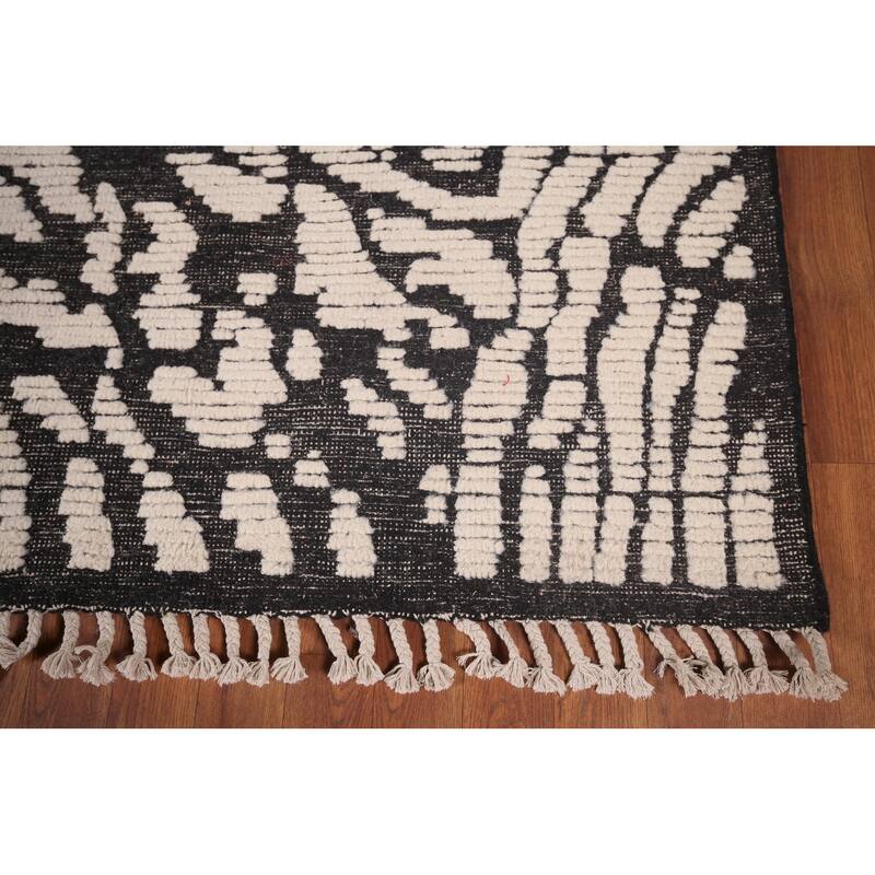 All-Over Black & Ivory Moroccan Abstract Area Rug Handmade Wool Carpet - 8'0"x 10'2"