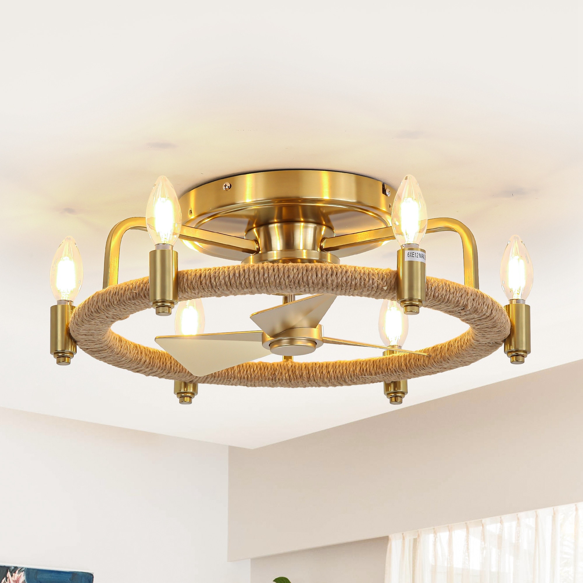 20" Gold Farmhouse Hemp Rope Low Profile Ceiling Fan with Light and Remote - 20.3" W x 6.5" H