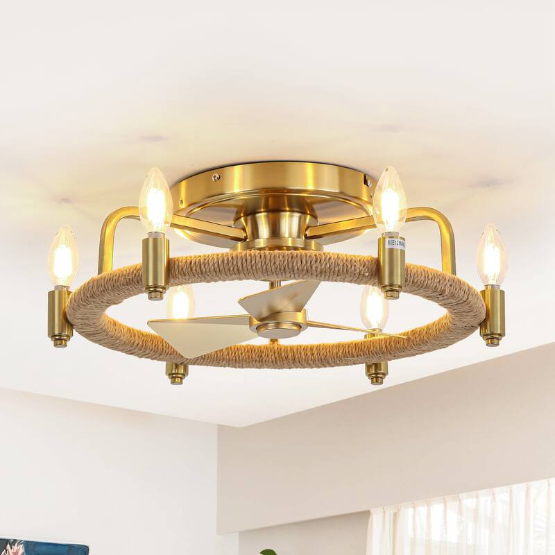 20.4" Gold Hemp Rope Chandelier Low Profile Caged Ceiling Fan with Light - 20.35 in. D x 20.35 in. W x 6.54 in. H
