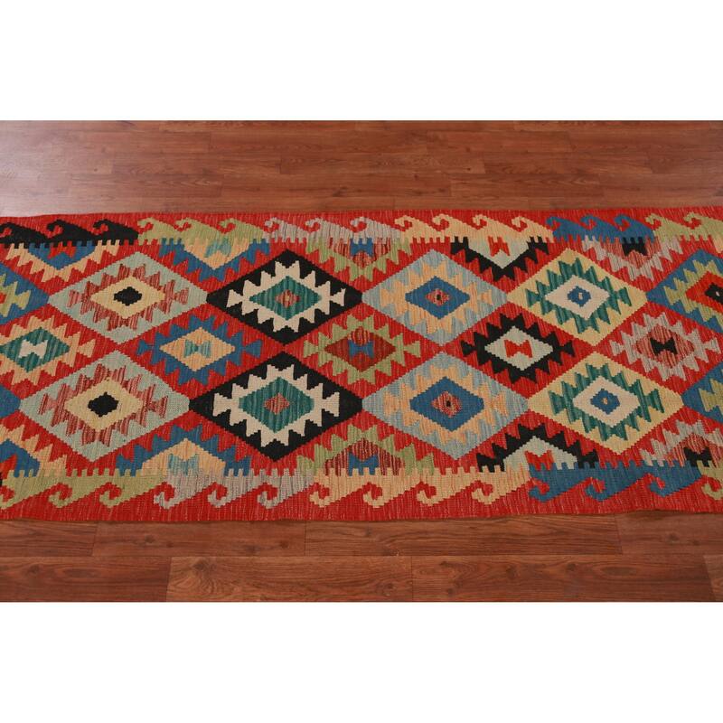 Hand Woven Oriental 100% Wool Carpet Southwestern All-Over Oranges & Rust Kilim Runner Rug - 13' 1'' X 2' 6''