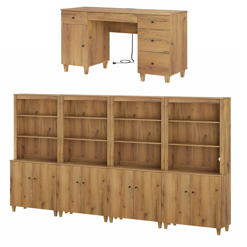 WAMPAT Home Office Furniture Set, 58" Executive Desk with Cabinet, 4-Column 71" Tall Bookcase with Doors and Adjustable Shelves