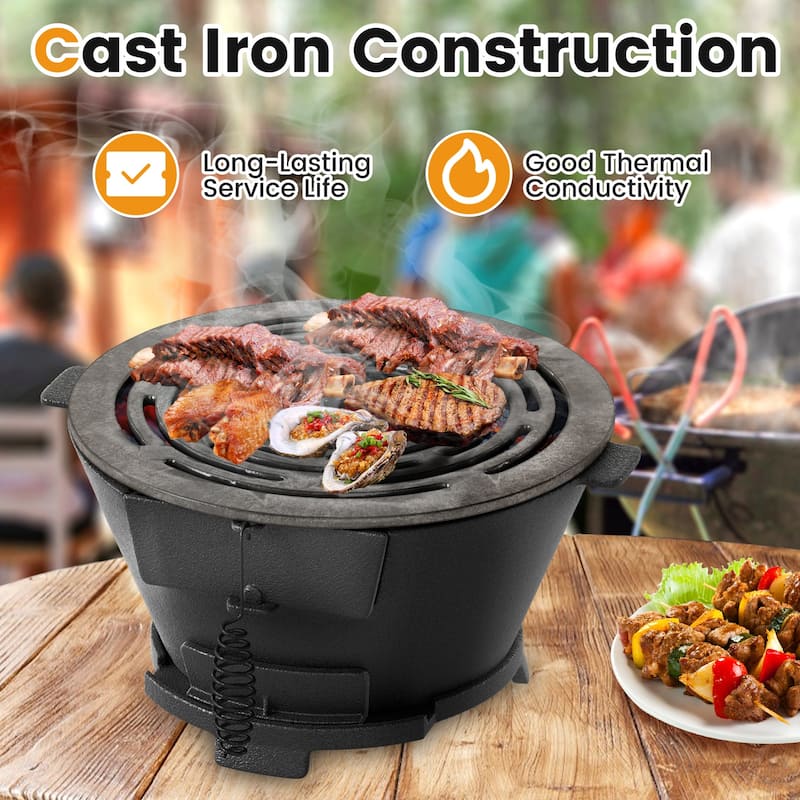 12" Round Portable Cast Iron Charcoal Grill Hibachi BBQ Stove for Camping or Picnics - 14" x 12.5" x 6.5"