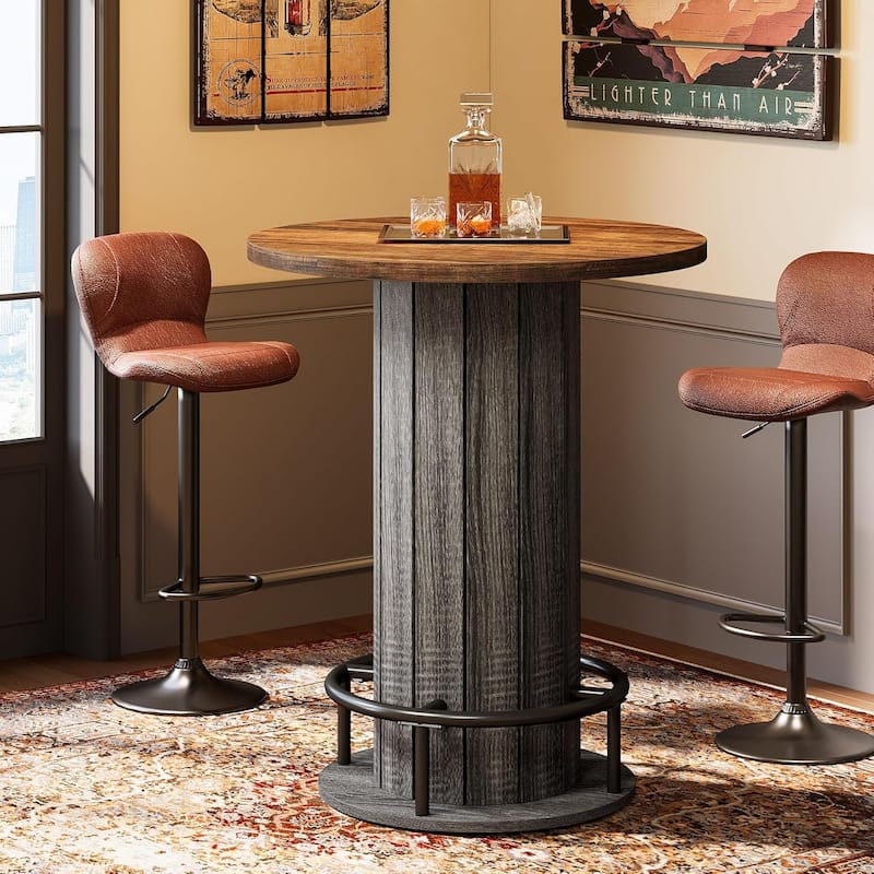 39.4 Inches Brown Wood Bar Table, Round Bistro Pub Table with Metal Ring Footrest