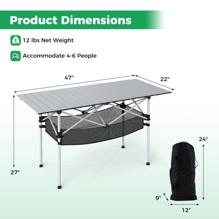 Aluminum Patio Folding Camping Table with Bag and Mesh Basket - 47" x 22" x 27" (L x W x H)