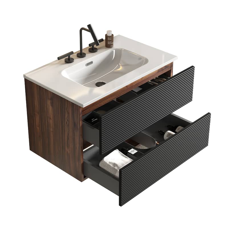 30" Wall-Mounted Bathroom Vanity with Integrated Ceramic Sink & Overflow, Large Storage Floating Cabinet