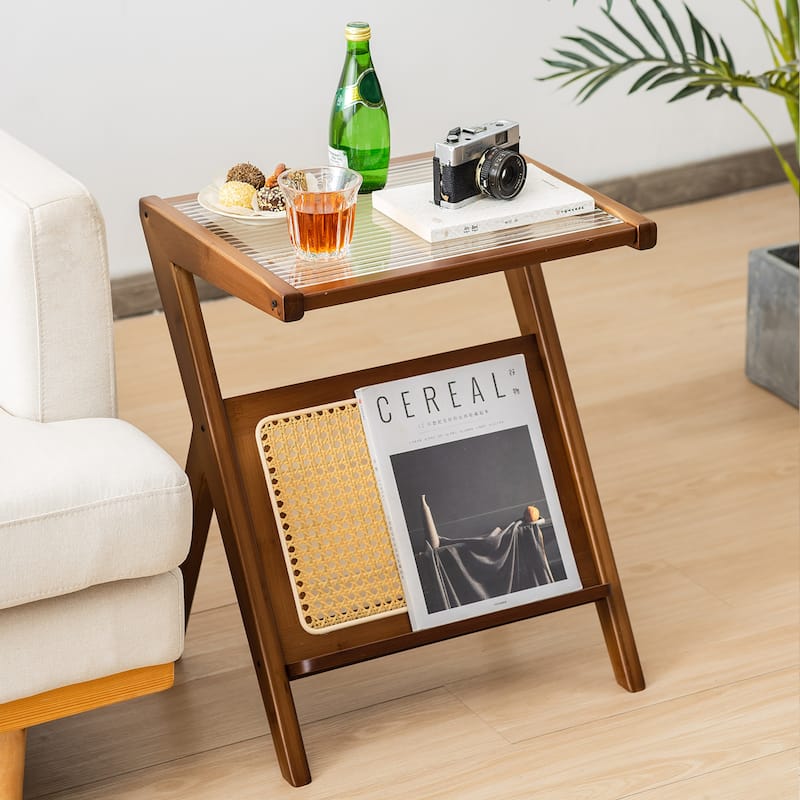 Gymax 2 Pieces Boho End Table with Magazine Rack Versatile Bamboo