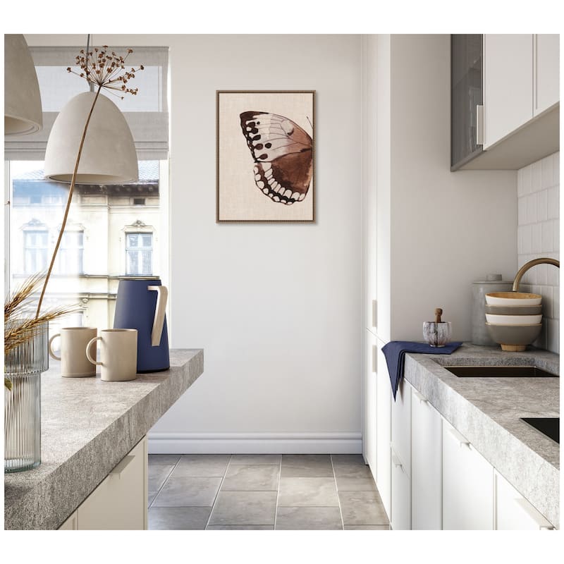 Kate and Laurel Sylvie Retro Butterfly Watercolor Diptych Neutral Burlap Left Framed Canvas by The Creative Bunch Studio