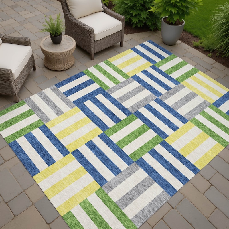 Machine Washable Indoor/ Outdoor Modern Hatch Chantille Rug - Blue - 8' x 10'