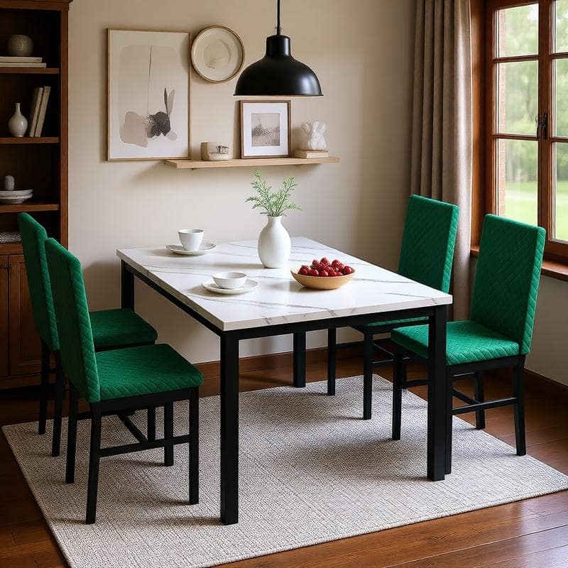 Grondin 5-Piece Dining Room Table Set with Faux Marble Table Top and Diamond Stitching Velvet Upholstery Dining Chairs