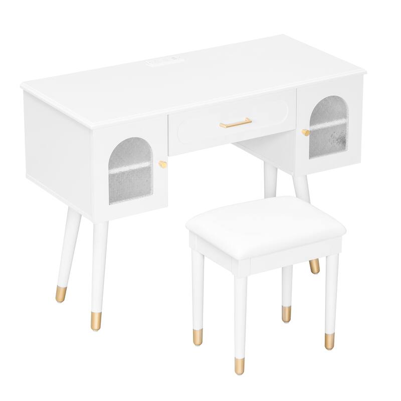 Vanity Makeup Table and Chair Set, Built-in Power Charging Station Dressing Table Writing Desk with Storage Organizer