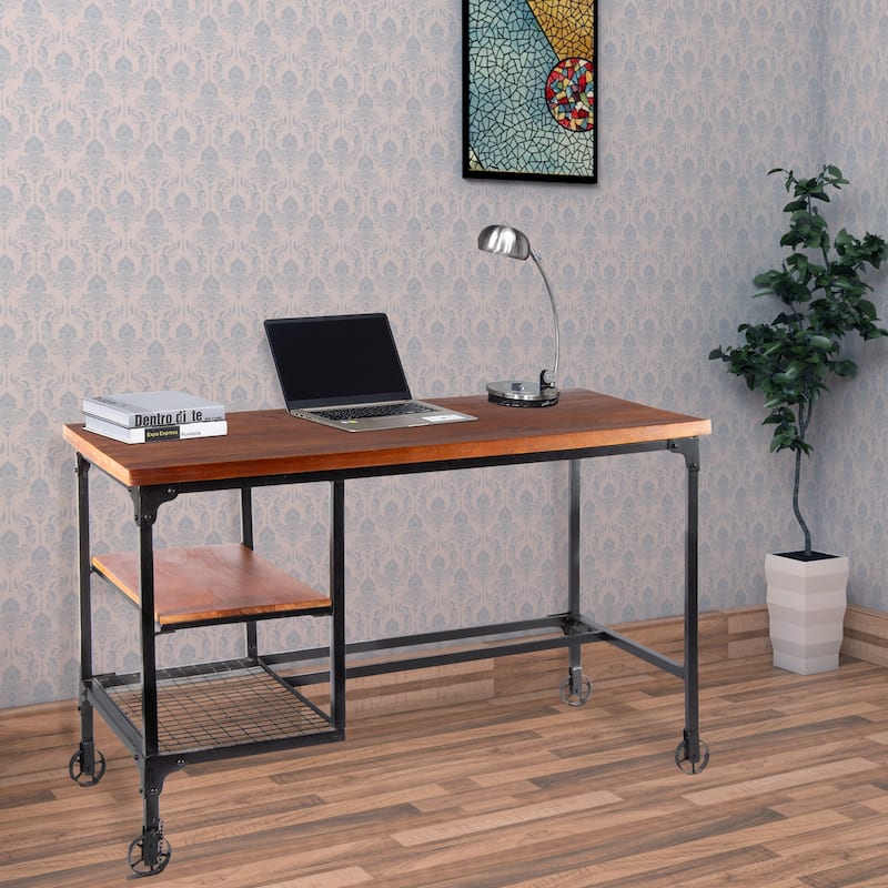 Industrial Style Wood and Metal Desk with Two Bottom Shelves, Writing