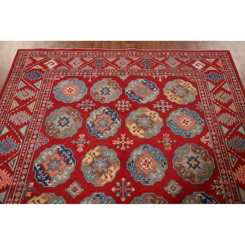All-Over Geometric Kazak Living Room Area Rug Handmade Wool Carpet - 6'4" x 9'7"