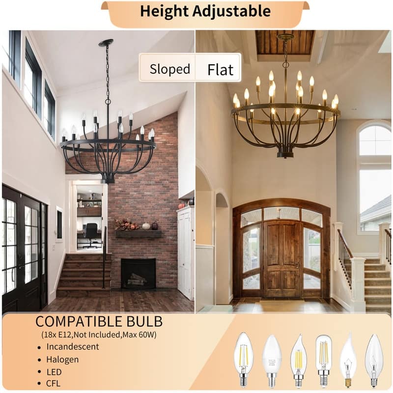 Large Wagon Wheel Chandelier Black Farmhouse Round Candle Chandelier