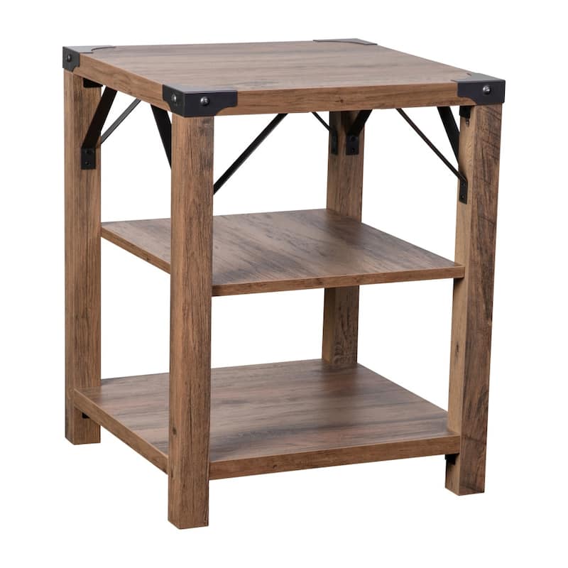 3-Tier Side Table with Metal Side Braces and Corner Caps - Rustic Oak