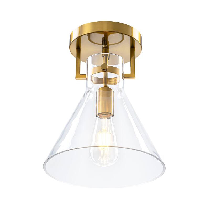 9.8" 1-Light Mid-Century Modern Brushed Brass Semi-Flush Mount Ceiling Light with Clear Cone Glass Shade for Hallway or Bedroom