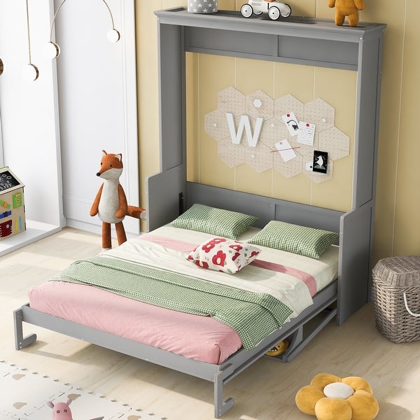 slide 2 of 16, Queen Size Murphy Bed with a Shelf, Easy Fold Wood Wall Bed Grey - Queen