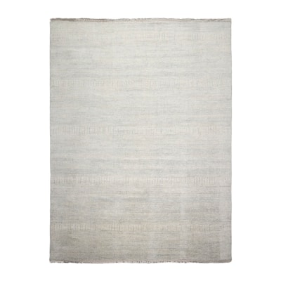 Hand Knotted Ivory Persian Wool and Silk Modern Oriental Area Rug