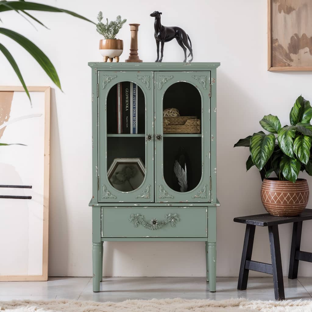 Mint Green Glass Door Display Distressed Cabinet