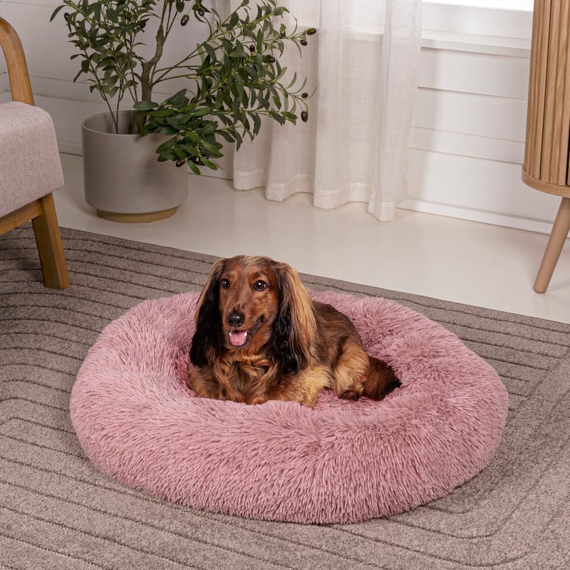 Maisie Bohemian Glam Faux Fur Round Fluffy Calming Donut Pet Bed with Washable Cover