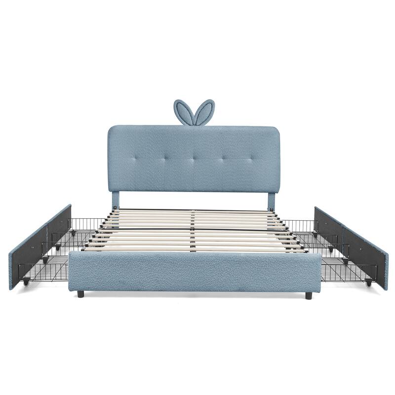 Kids Boucle Upholstered Bed with Rabbit Ear Headboard, LED Music Sync & 4 Drawers