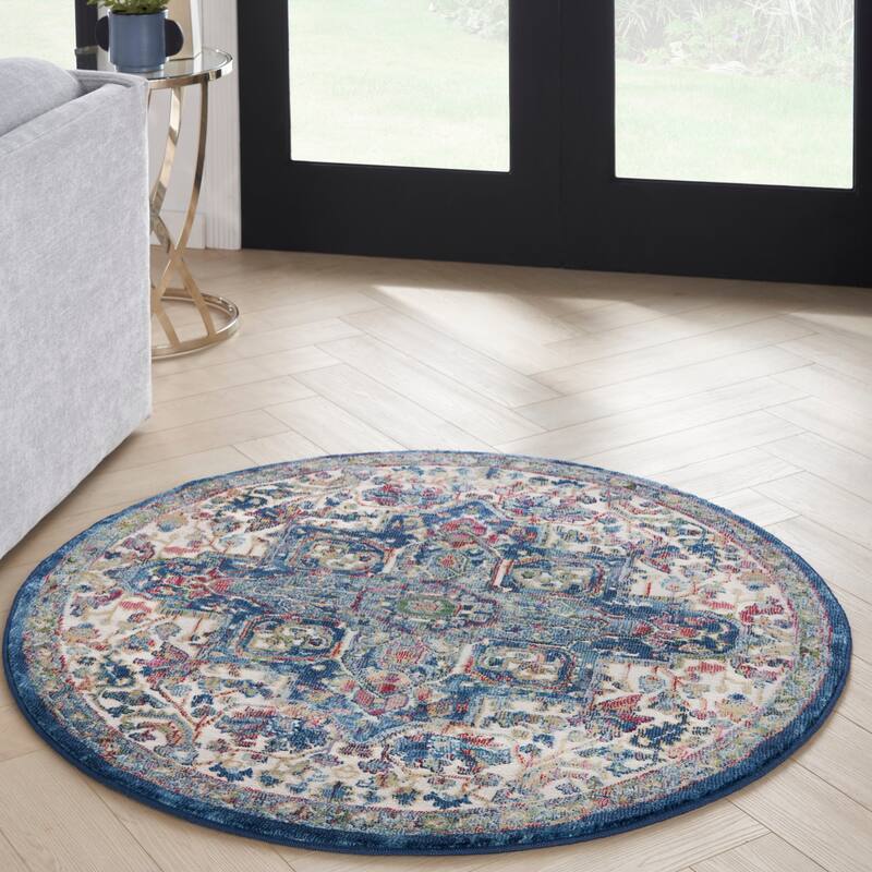 Nourison Global Vintage Traditional Persian Vintage Area Rug - 4' Round - Ivory Navy - Round