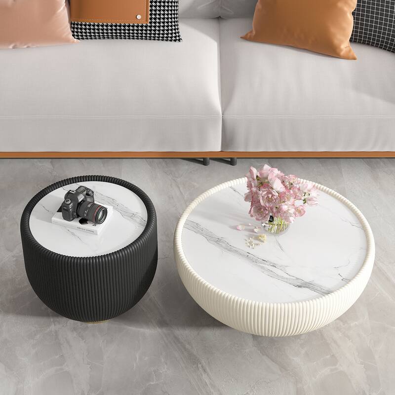 Modern Light Marble Top Cup Shape Leather Edge Coffee Sofa Side Table