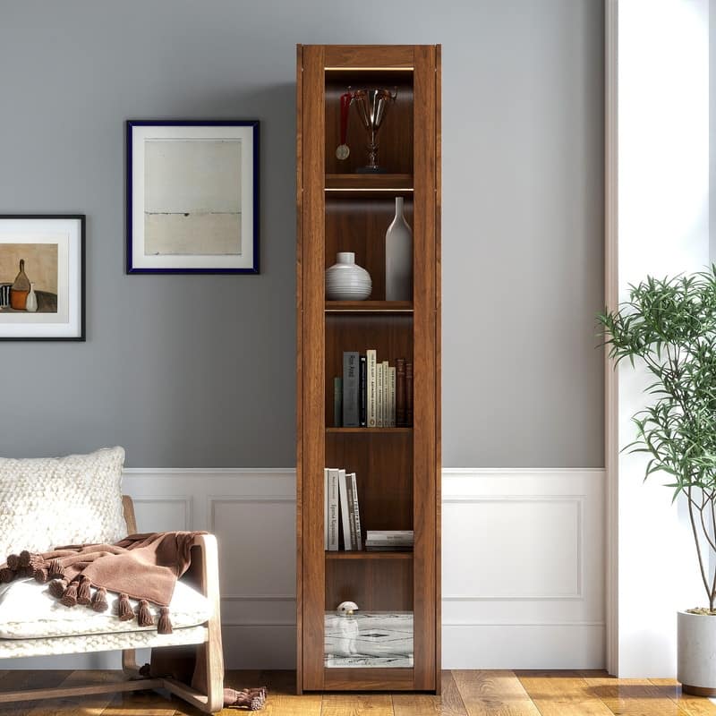 Modern Display Bookcase – Glass-Front Storage Cabinet with 5 Shelves & LED Illumination‌ - 15.75in. W X15.75in.DX70.87in. H