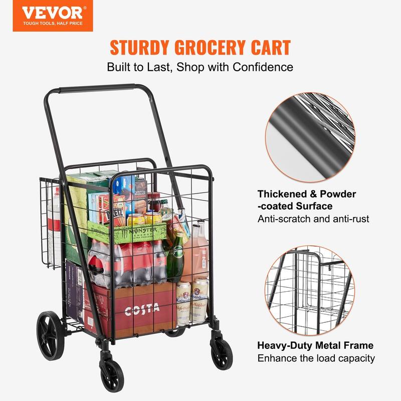 360 Swivel Wheels Folding Shopping Cart with Double Baskets