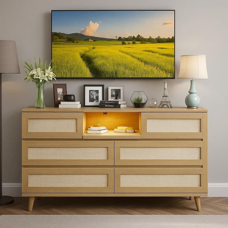 Modern Rattan 6-Drawer Dresser w/ LED Light, Deep Drawers