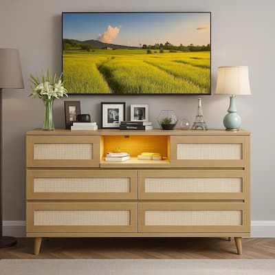 Modern Rattan 6-Drawer Dresser w/ LED Light, Deep Drawers