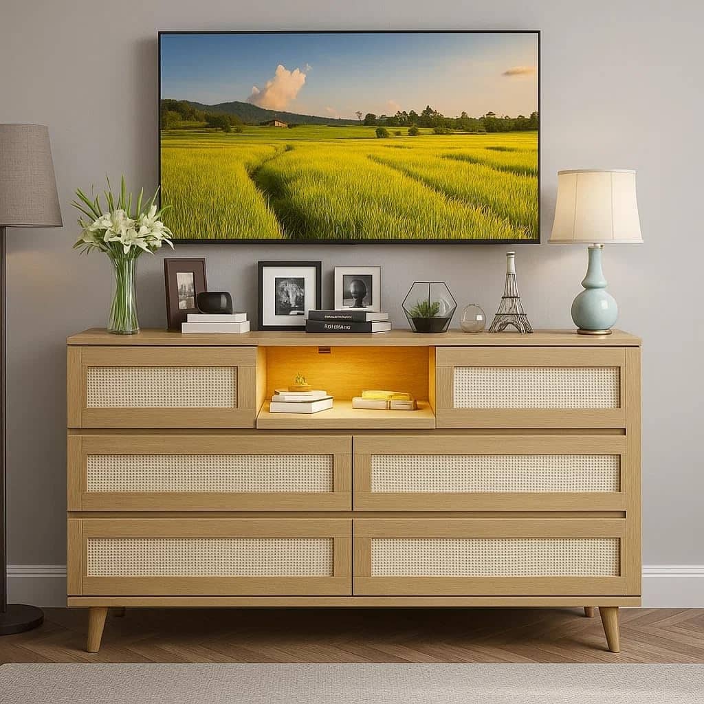 Modern Rattan 6-Drawer Dresser w/ LED Light, Deep Drawers