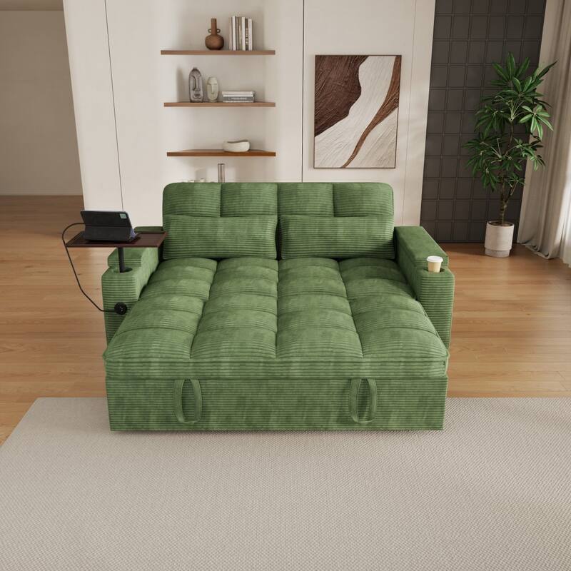 65'' Chenille 3-in-1 Folding Sectional Sofa with 360-Degree Swivel Side Table