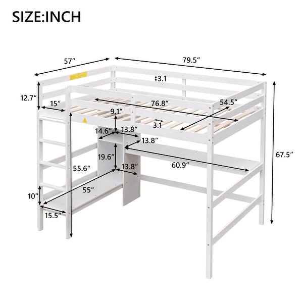 White Full Loft Bed with Desk and Shelves, Pine Wood and MDF Frame, Sturdy Guardrails