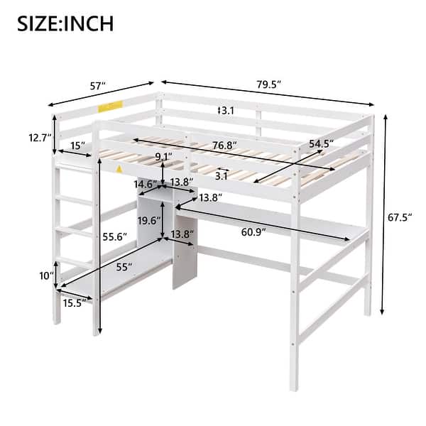White Full Loft Bed with Desk and Shelves