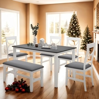 6-Piece Farmhouse Style Wood Dining Table Set With Upholstered Bench ...