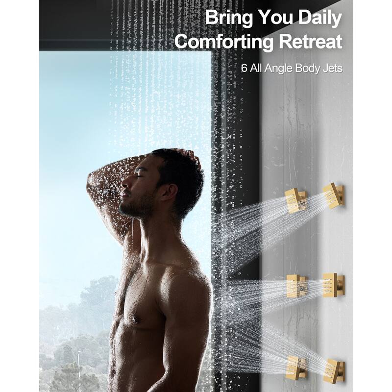 GRANDJOY Thermostatic Shower System 12 inch Ceiling Mount Shower Head 6 Body Jets Handheld Spray with Hose High Pressure