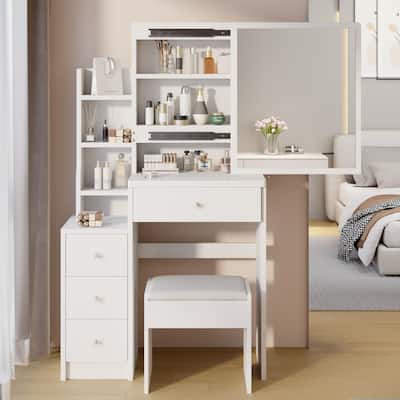 Makeup Vanity Desk Set with Sliding Mirror and Cushioned Stool